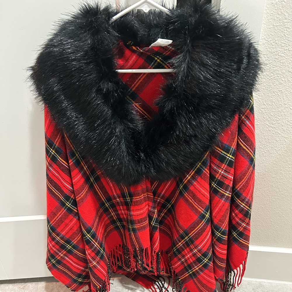 J. Crew plaid poncho with fur collar